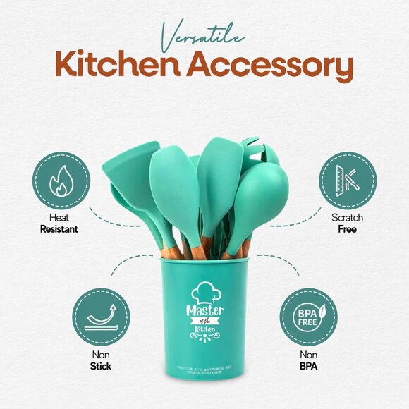 Silicone Cooking Set, 12 pcs Kitchen Utensils Set, Wooden Handle, Bucket Storage - Picture 2 of 7